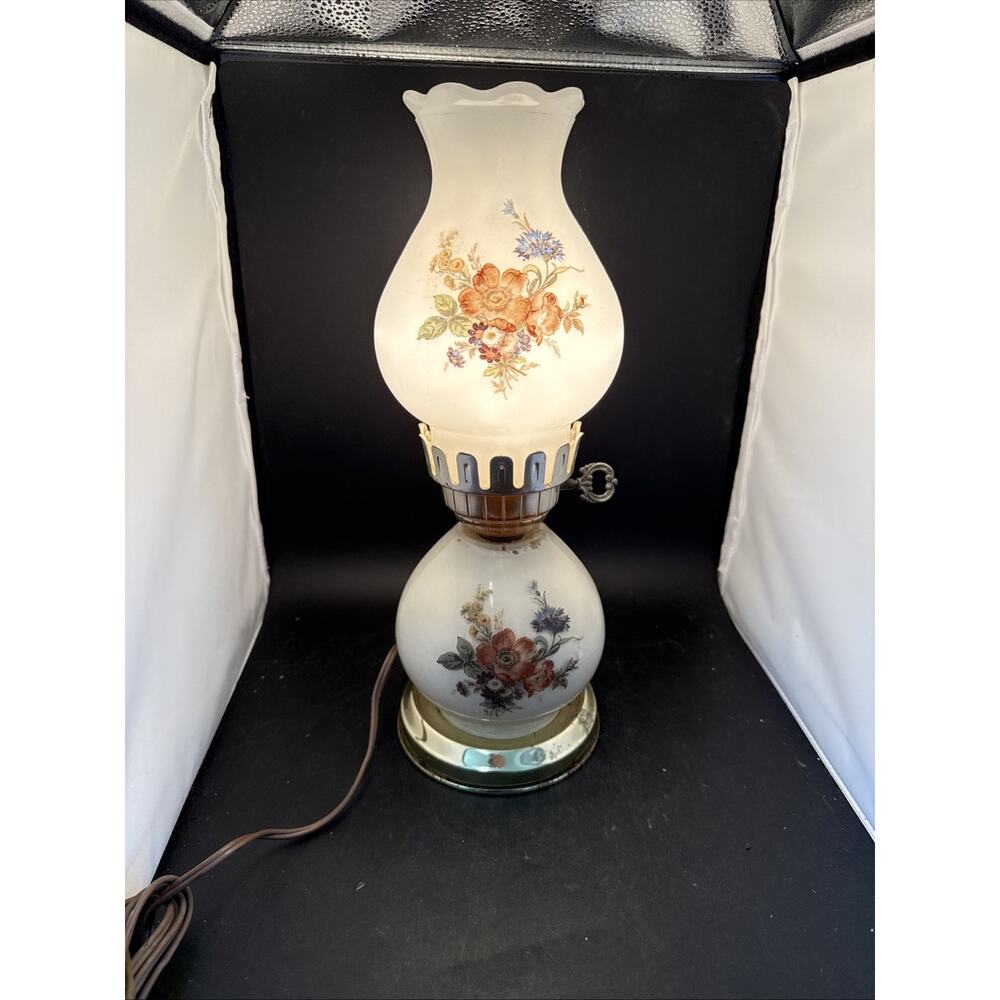 Vintage Hurricane Table Lamp Floral Milk Glass Cottage Style Electric Lamp